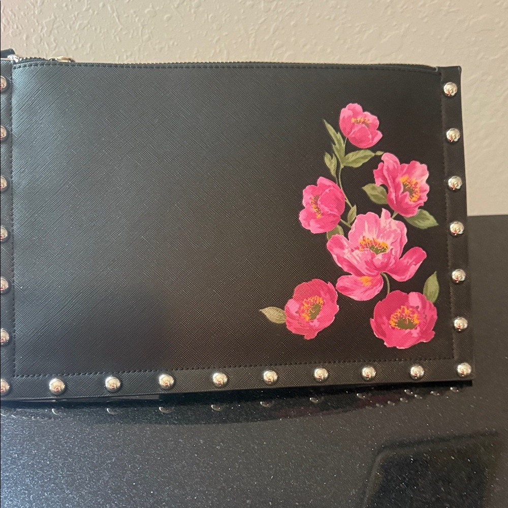 White House Black Market Black Clutch with Pink Floral and Silver Studs